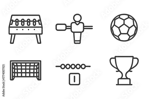Foosball Line Icons. Line style icons of Foosball: Foosball Table, Handle, Player Figure, Soccer Ball, Goal Net, Score Beads, Coin
