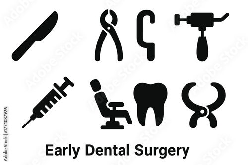 Vintage Dental Tools Icons. Solid style icons of Early Dental Surgery: Knife, Forceps, Bone Saw, Drill, Syringe, Chair, Tooth,