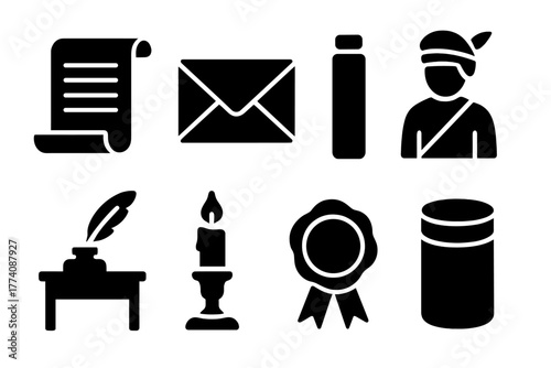 Historic Communication Icons. Solid style icons of Historic Communication: Scroll, Letter, Tube, Messenger, Desk, Candle, Seal,