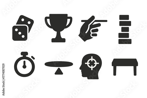 Gaming Challenge Icons. Solid style icons of Gaming Challenges: Dice, Cup, Steady Hand, Tower, Timer, Balance, Focus, Table, No