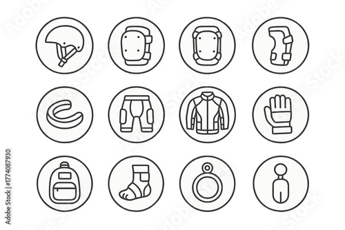 Skater Safety Gear Icons. Line style round vector icons of Safety Gear for Skaters: Helmet, Knee Pads, Elbow Pads, Wrist Guards;