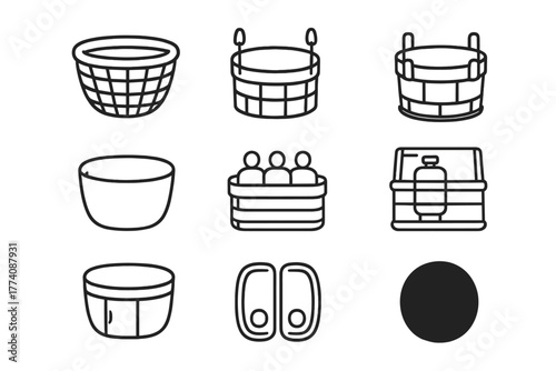 Basket Icons Collection. Line style icons of baskets in round shape: woven basket, basket with ropes, reinforced bottom,