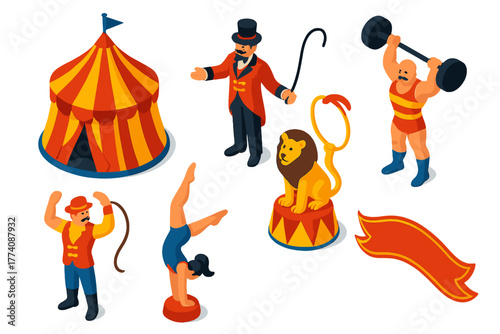 Vintage Circus Icons. Isometric vector illustration set Vintage Circus: Big Top, Ringmaster, Lion Tamer, Strongman, Acrobat,