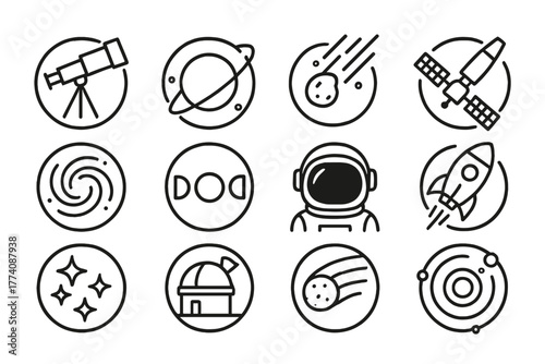 Astronomy Line Icons. Line style round vector icons of Astronomy: Telescope, Planet, Meteor, Satellite; Galaxy, Moon Phases,
