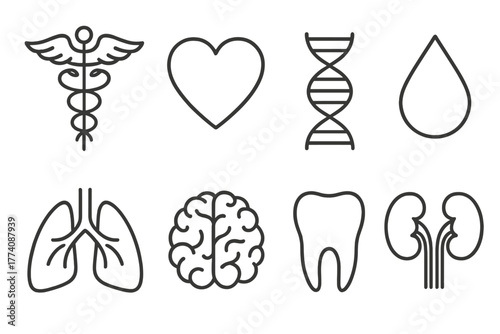 Medical Symbol Icons. Line style icons of Medical symbols: caduceus, heart, DNA helix, drop of blood, lungs, brain, tooth, kidney,