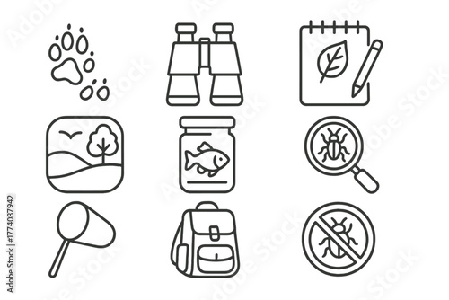 Zoology Line Icons. Line style icons of Zoology basics: animal tracks, binoculars, field notebook, habitat, specimen jar,