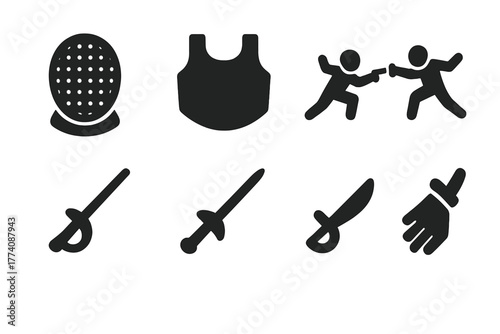 Antique Duel Equipment Icons. Solid style icons of Antique Duel Equipment: Mesh Mask, Bib, Duel, Sport, Foil, Épée, Sabre, Glove,