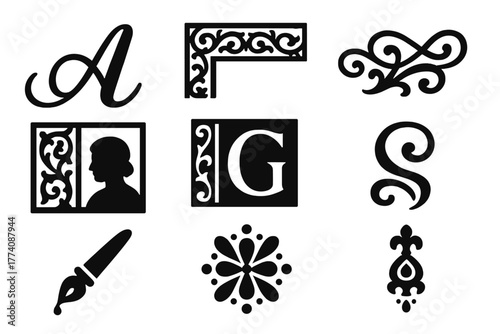 Decorative Writing Icons. Solid style icons of Decorative Writing: flourished letter, border design, scrollwork, painted miniature