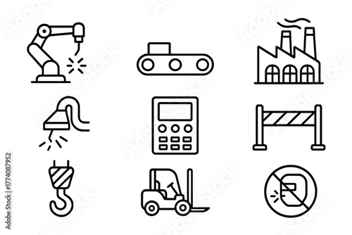 Industrial Welding Icons. Line style icons of Industrial welding: robotic welder arm, conveyor belt, factory hall, smoke extractor