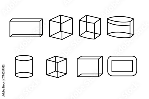 Aquarium Tank Icons. Line style icons of Aquarium shapes: rectangular tank, cube tank, hexagon tank, bow front tank, cylinder tank