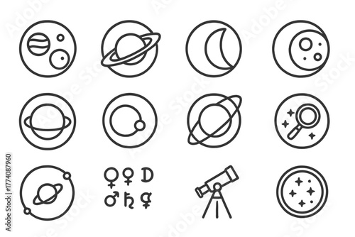 Planetary Icons. Line style round vector icons of Planet Observation: Jupiter with Moons, Saturn Rings, Venus Crescent, Mars