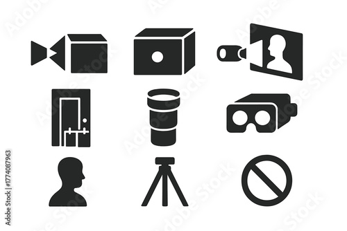 Early Photography Icons. Solid style icons of Early Photography: Camera Obscura, Pinhole, Projected Image, Dark Room, Lens, Viewer