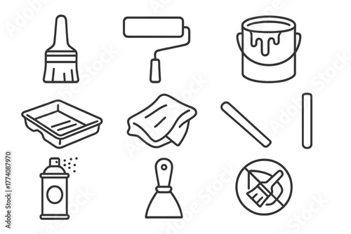 Paint Supplies Icons. Line style icons of Paint supplies: paintbrush, roller, paint can, tray, drop cloth, stir stick, spray paint