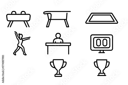 Artistic Gymnastics Icons. Line style icons of Artistic Gymnastics: Pommel Horse, Vault, Uneven Bars, Floor Mat, Gymnast