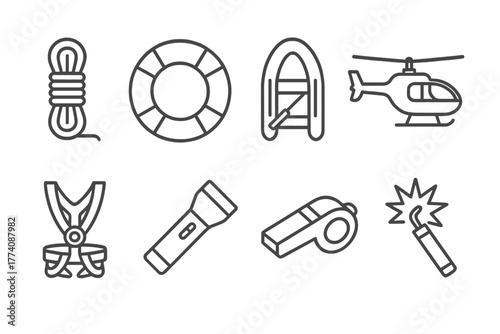 Rescue Icons Collection. Line style icons of Rescue operations: rope, life ring, inflatable boat, helicopter, harness, flashlight,