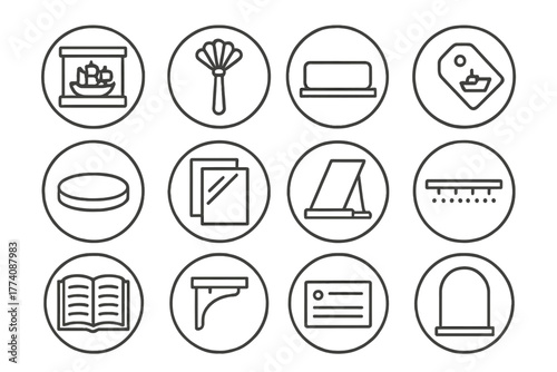 Collector's Shelf Icons. Line style round vector icons of Collector’s Shelf: Display Case, Dust Brush, Nameplate, Ship Tag; Velvet