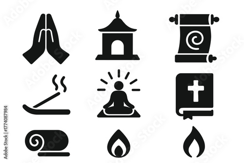 Spiritual Icons Collection. Solid style icons of Spiritual Strength: prayer hands, temple, mantra scroll, incense stick,