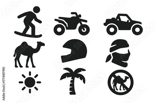 Desert Sports Icons. Solid style icons of Desert Sports: Sandboard, ATV, Dune Buggy, Camel, Helmet, Scarf, Sun, Palm Tree, No text