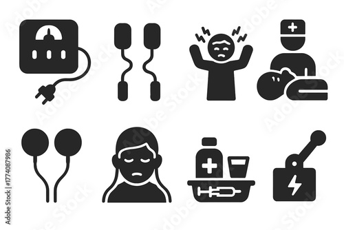 Psychiatric Procedure Icons. Solid style icons of Vintage Psychiatric Procedures: Machine, Paddles, Convulsion, Treatment,