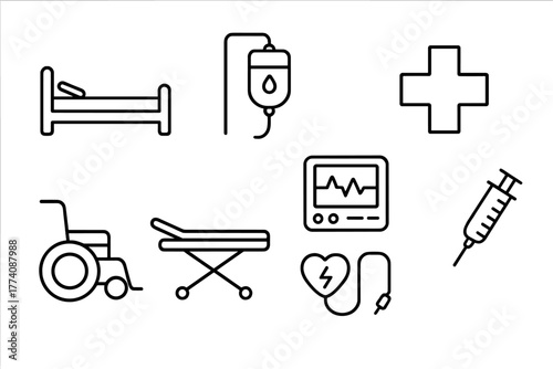 Hospital Icon Illustrations. Line style icons of Hospital basics: hospital bed, IV bag, heart monitor, cross, wheelchair,