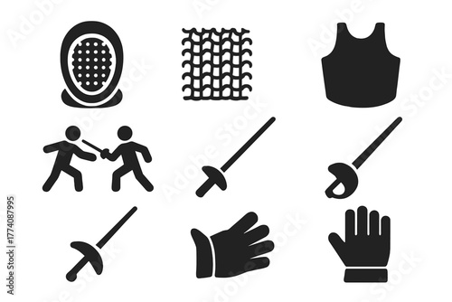 Historical Swordplay Icons. Solid style icons of Historical Swordplay Gear: Fencing Mask, Mesh, Bib, Duel, Foil, Épée, Sabre,