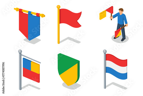 Colorful Flag Icons. Isometric vector illustration set Vexillology: Banner, Flag Design, Pole, Semaphore, Signal Flag, Crest. No