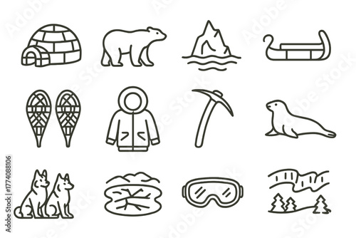 Arctic Exploration Icons. Line style round vector icons of Arctic Exploration: Igloo, Polar Bear, Iceberg, Sled; Snowshoes, Parka,