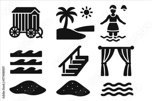 Vintage Bathing Icons. Solid style icons of Vintage Bathing Machine: Wheeled Cabin, Beach, Victorian Swimmer, Ocean, Wooden Steps,