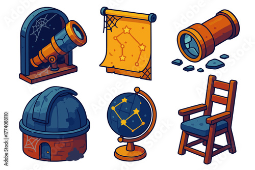 Abandoned Observatory Icons. Isometric vector illustration set Abandoned Observatory: Cobwebs, Old Chart, Broken Lens, Dusty Dome,