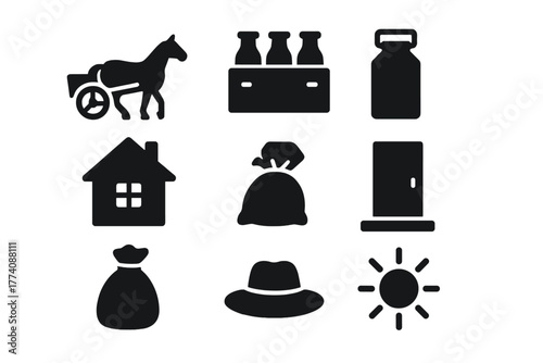 Rural Delivery Icons. Solid style icons of Rural Delivery Service: Horse Cart, Bottle Crate, Milk Can, House, Doorstep, Bag, Hat,