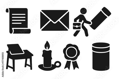 Historic Communication Icons. Solid style icons of Historic Communication: Scroll, Letter, Tube, Messenger, Desk, Candle, Seal,