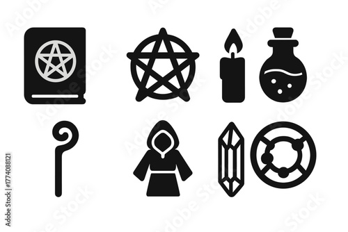 Magical Ritual Icons. Solid style icons of Magical Rituals: Spellbook, Pentagram, Candle, Potion, Staff, Robe, Crystal, Circle, No