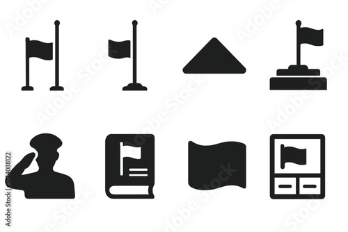 Flag Etiquette Icons. Solid style icons of Flag Etiquette: Half-Mast Flag, Raised Pole, Folded Triangle, Ceremony Stage, Military