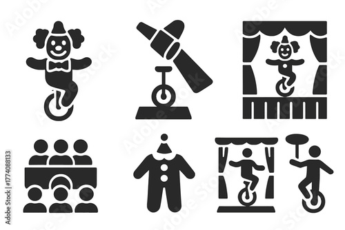 Circus Unicycling Icons. Solid style icons of Circus Unicycling: Clown, Spotlight, Stage, Audience, Juggling, Costume, Curtain,