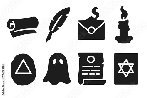 Mystical Symbol Icons. Solid style icons of Mystical Messages: Rolled Scroll, Ancient Pen, Spirit Envelope, Candle Smoke, Etched