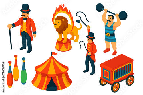 Vintage Circus Icons. Isometric vector illustration set Vintage Circus: Ringmaster, Lion Tamer, Strongman, Big Top, Juggling Pins,