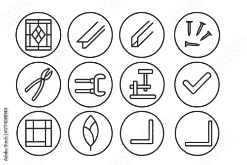 Stained Glass Assembly Icons. Line style round vector icons of Stained Glass Assembly: Panel Frame, Spacer Strip, H Channel,