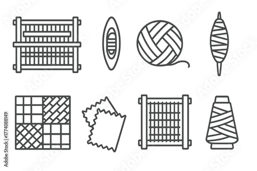 Textile Craft Icons. Line style icons of Textile Craft: Loom, Shuttle, Yarn Ball, Spindle, Fabric Pattern, Swatches, Weaving Frame