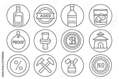 Spirits Line Style Icons. Line style icons of spirits and labels in round shape: whiskey bottle, gin label, vodka bottle, rum