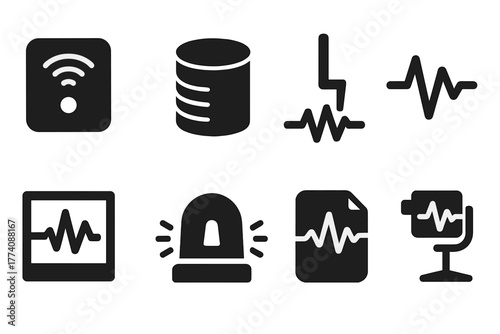 Tremor Detection Icons. Solid style icons of Tremor Detection: Sensor, Drum, Needle, Signal Wave, Chart, Alarm Bell, Paper Strip,