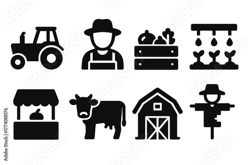Community Farming Icons. Solid style icons of Community Farming: Tractor, Farmer, Vegetable Crate, Irrigation, Market Stall, Cow,