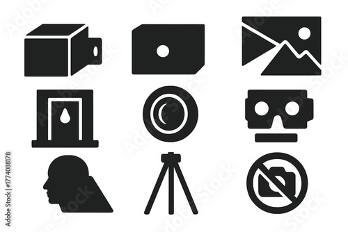 Early Photography Icons. Solid style icons of Early Photography: Camera Obscura, Pinhole, Projected Image, Dark Room, Lens, Viewer