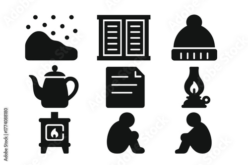 Winter Isolation Icons. Solid style icons of Winter Confinement: Snow Drift, Closed Shutters, Wool Hat, Tea Kettle, Journal Page,