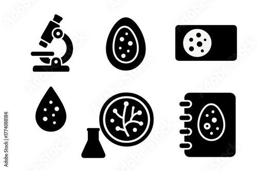 Microscopic Spore Icons. Solid style icons of Microscopic Spores: Microscope, Spore Shape, Slide Glass, Droplet, Petri Dish, Lens,