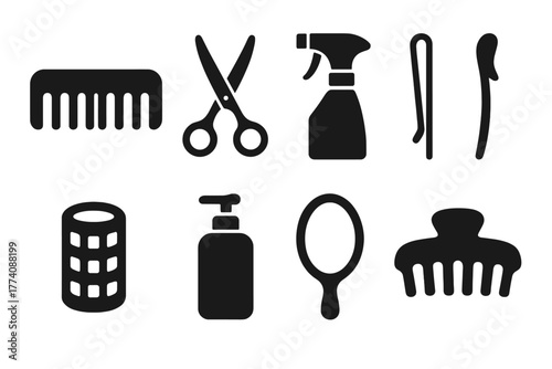 Salon Accessories Icons. Solid style icons of Salon Accessories: Comb, Scissors, Spray Bottle, Hair Pin, Hair Roller, Lotion,