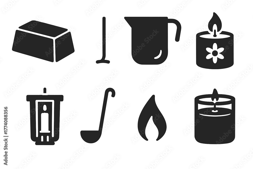Fototapeta premium Candle Making Icons. Solid style icons of candle making: wax block, wick, melting pot, scented candle, mold, ladle, flame, glass