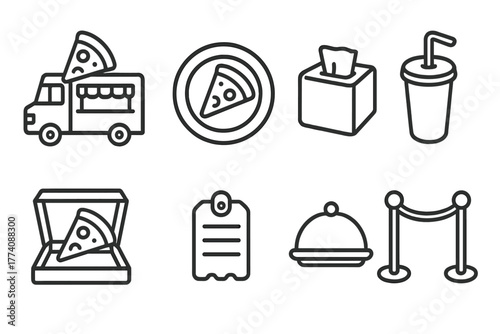 Street Pizza Icons. Line style icons of Street Pizza: Food Truck, Paper Plate, Napkin Dispenser, Soda Cup, Pizza Slice Box, Order