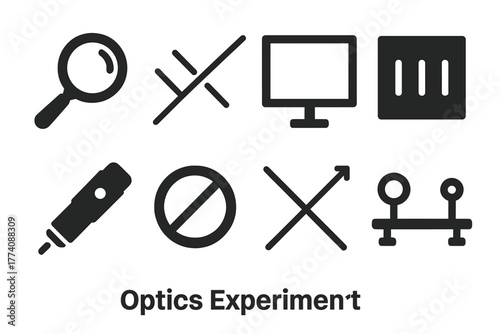 Optics Experiment Icons. Solid style icons of Optics Experiment: Magnifying Lens, Light Beam, White Screen, Diffraction Grating,