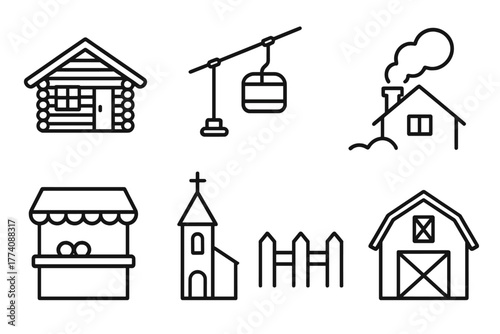 Alpine Village Icons. Line style icons of Alpine Village: Wooden Cabin, Ski Lift, Chimney Smoke, Stone Path, Market Stall, Church