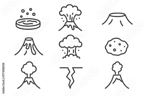 Volcano Line Icons. Line style icons of Volcano elements: magma, eruption, crater, lava flow, ash cloud, volcanic rock, smoke